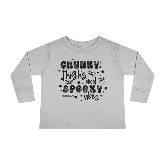 Chunky Thighs and Spooky Vibes Toddler Long Sleeve Tee, featuring black text on a grey shirt. Made of 100% combed ringspun cotton, with topstitched ribbed collar for durability and EasyTear™ label for sensitive skin.