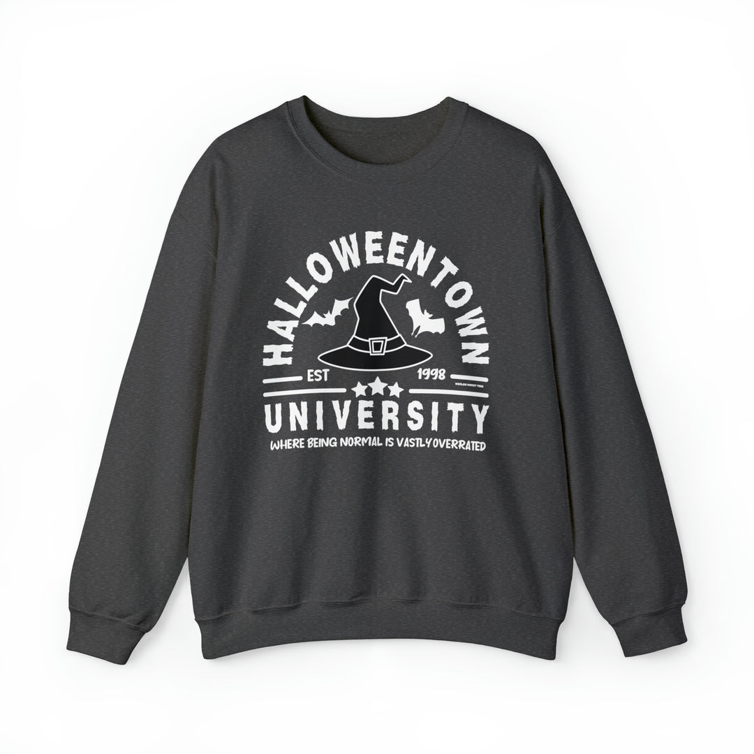 Unisex Halloweentown University Crew sweatshirt, ideal for any situation. Made of 50% cotton, 50% polyester with ribbed knit collar. Medium-heavy fabric, loose fit, sewn-in label, true to size.