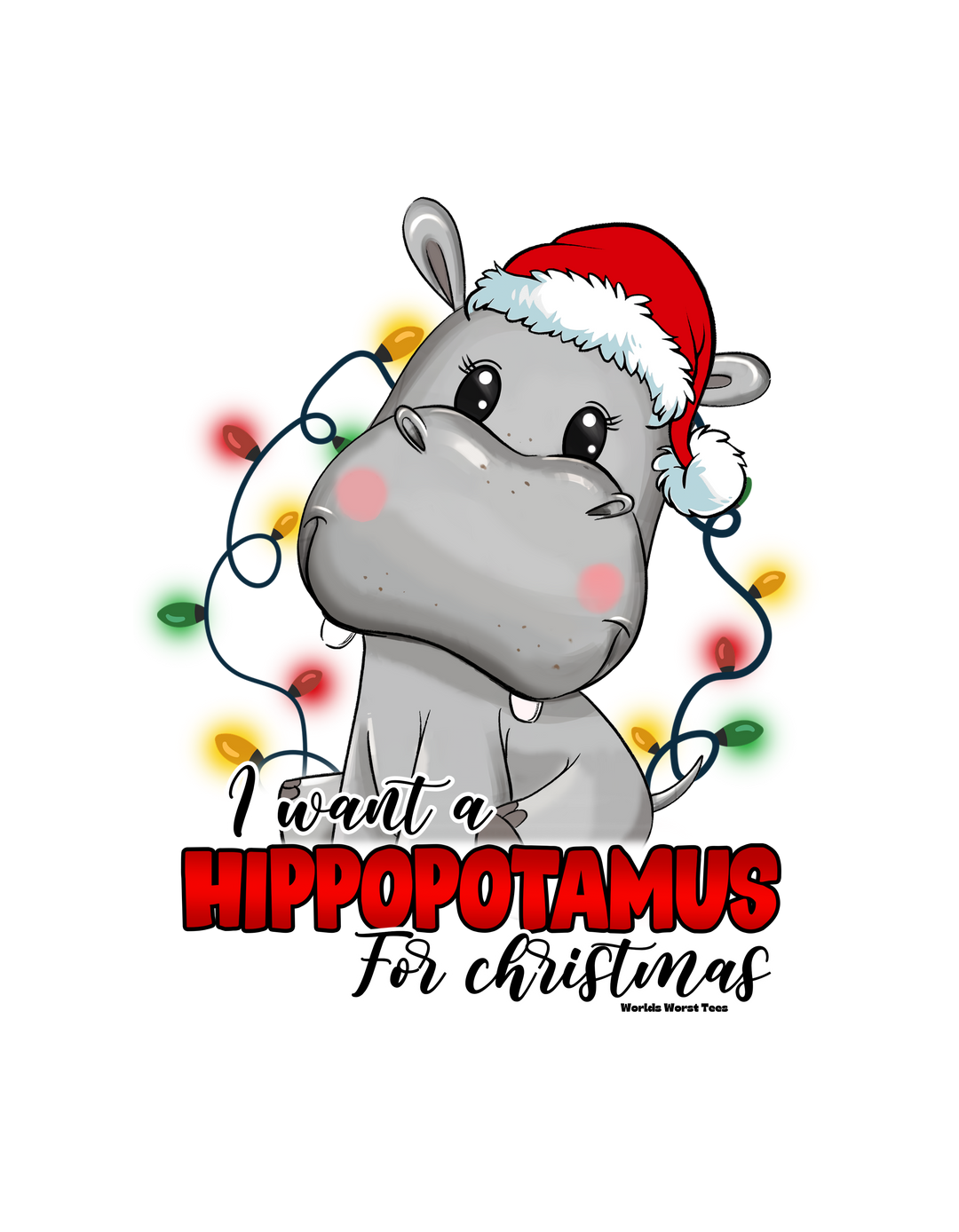 A cartoon hippo wearing a Santa hat and lights adorns an infant long sleeve bodysuit. Features plastic snaps for easy changing and ribbed knitting for durability. Product title: I Want a Hippopotamus Onesie.