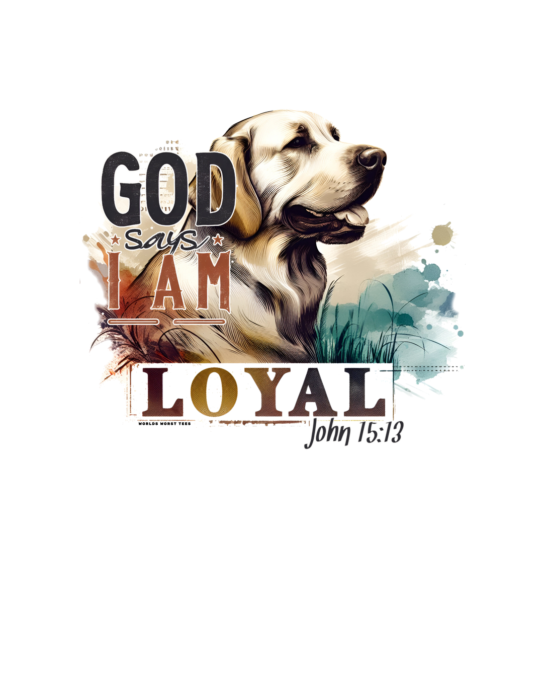 A black and white graphic tee, the I am Loyal Tee, featuring a dog design with text. Made of 100% ring-spun cotton, garment-dyed for softness, and boasting a relaxed fit for daily wear.