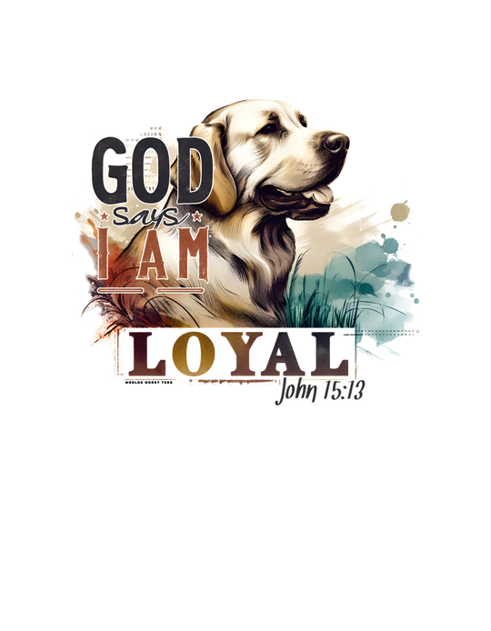 A black and white graphic tee, the I am Loyal Tee, featuring a dog design with text. Made of 100% ring-spun cotton, garment-dyed for softness, and boasting a relaxed fit for daily wear.
