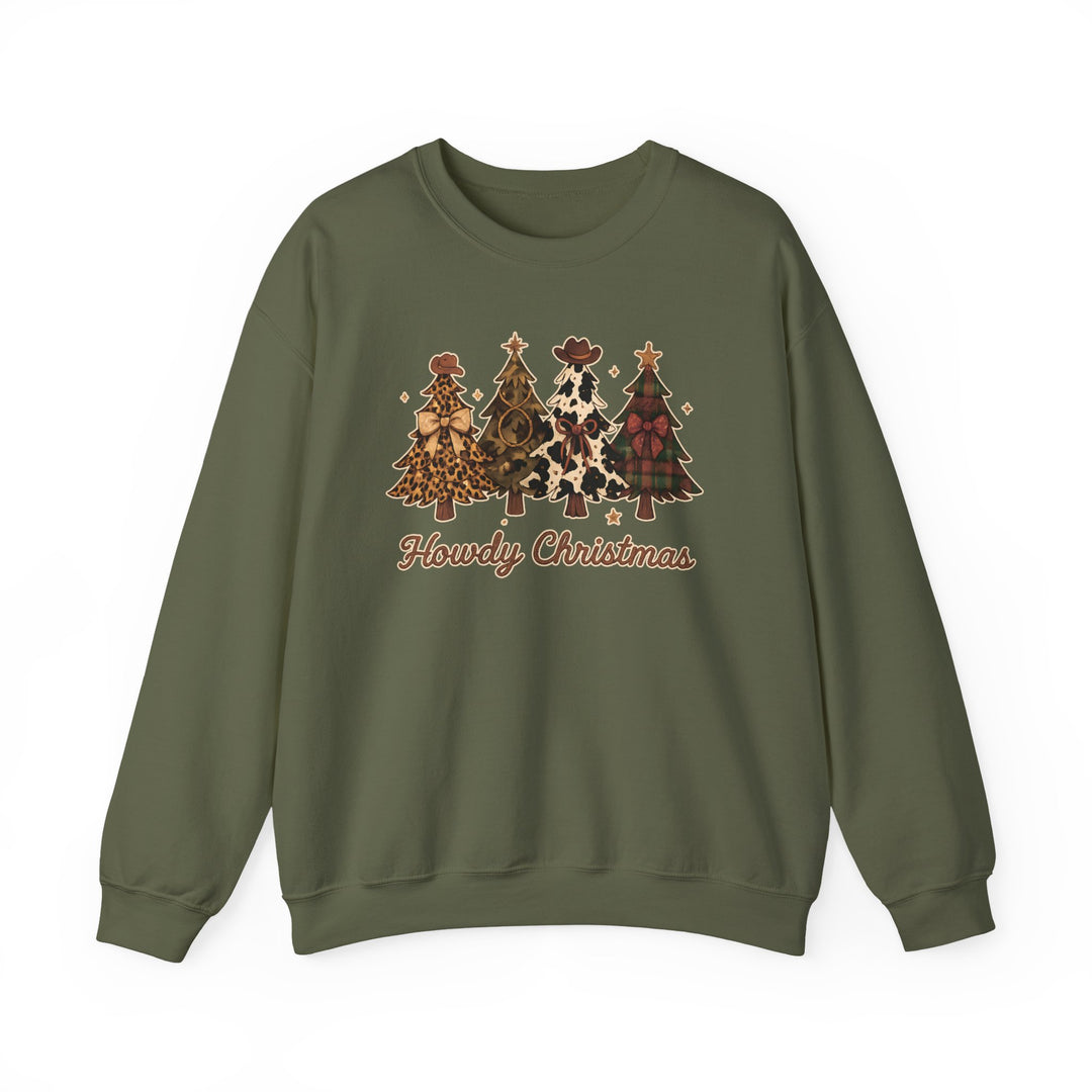 Howdy Christmas Crew sweatshirt features playful Western-themed Christmas trees with unique patterns and accessories, perfectly blending festive spirit with comfort and style.