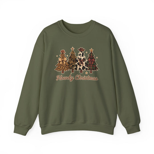Howdy Christmas Crew sweatshirt features playful Western-themed Christmas trees with unique patterns and accessories, perfectly blending festive spirit with comfort and style.