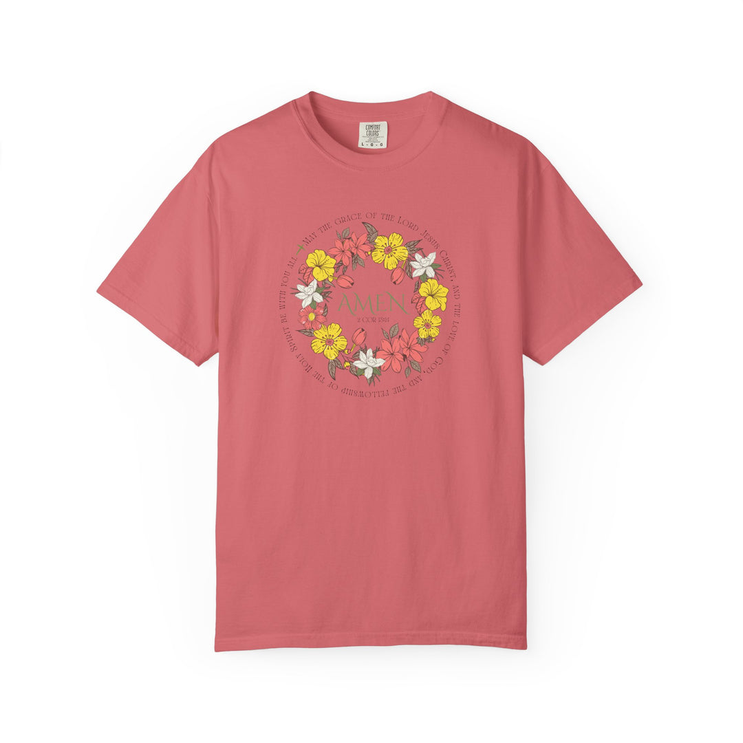 Amen Tee featuring a floral design on a soft, ring-spun cotton t-shirt, offering comfort and durability with a relaxed fit. Part of Worlds Worst Tees collection.