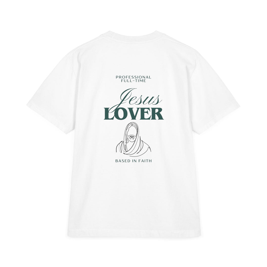 Jesus Lover Tee showcasing an oversized, drop-shoulder fit with vintage-washed appearance and reinforced stitching, embodying a relaxed streetwear vibe.
