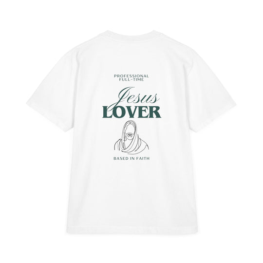 Jesus Lover Tee showcasing an oversized, drop-shoulder fit with vintage-washed appearance and reinforced stitching, embodying a relaxed streetwear vibe.