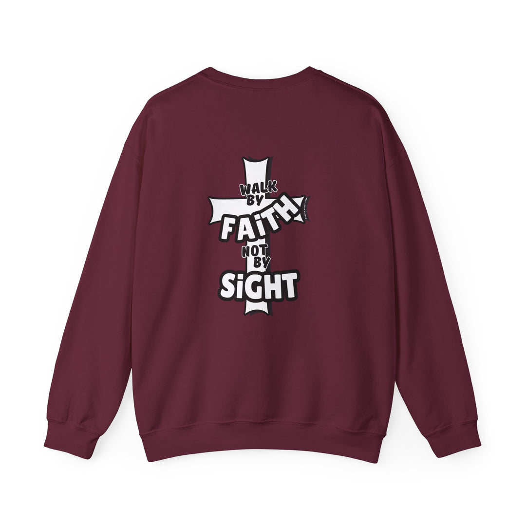 A comfortable unisex heavy blend crewneck sweatshirt featuring Walk By Faith Not By Sight design. Ribbed knit collar, no itchy side seams. 50% Cotton 50% Polyester, medium-heavy fabric, loose fit, sewn-in label, true to size.