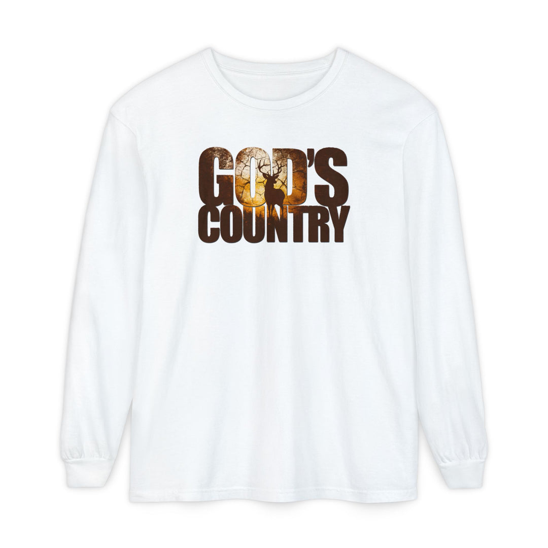 White long-sleeve T-shirt with GOD'S COUNTRY in rustic texture, featuring a deer silhouette. Made of 100% ring-spun cotton for comfort and style.