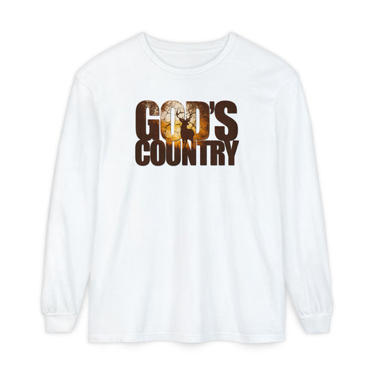 White long-sleeve T-shirt with GOD'S COUNTRY in rustic texture, featuring a deer silhouette. Made of 100% ring-spun cotton for comfort and style.