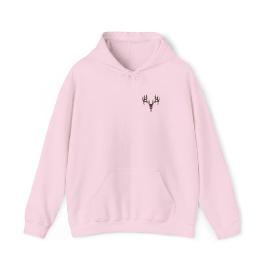 A pink Tagged Out Sweatshirt featuring a deer head design, a cozy blend of cotton and polyester, kangaroo pocket, and drawstring hood. Unisex, heavy fabric, classic fit, tear-away label. From Worlds Worst Tees.