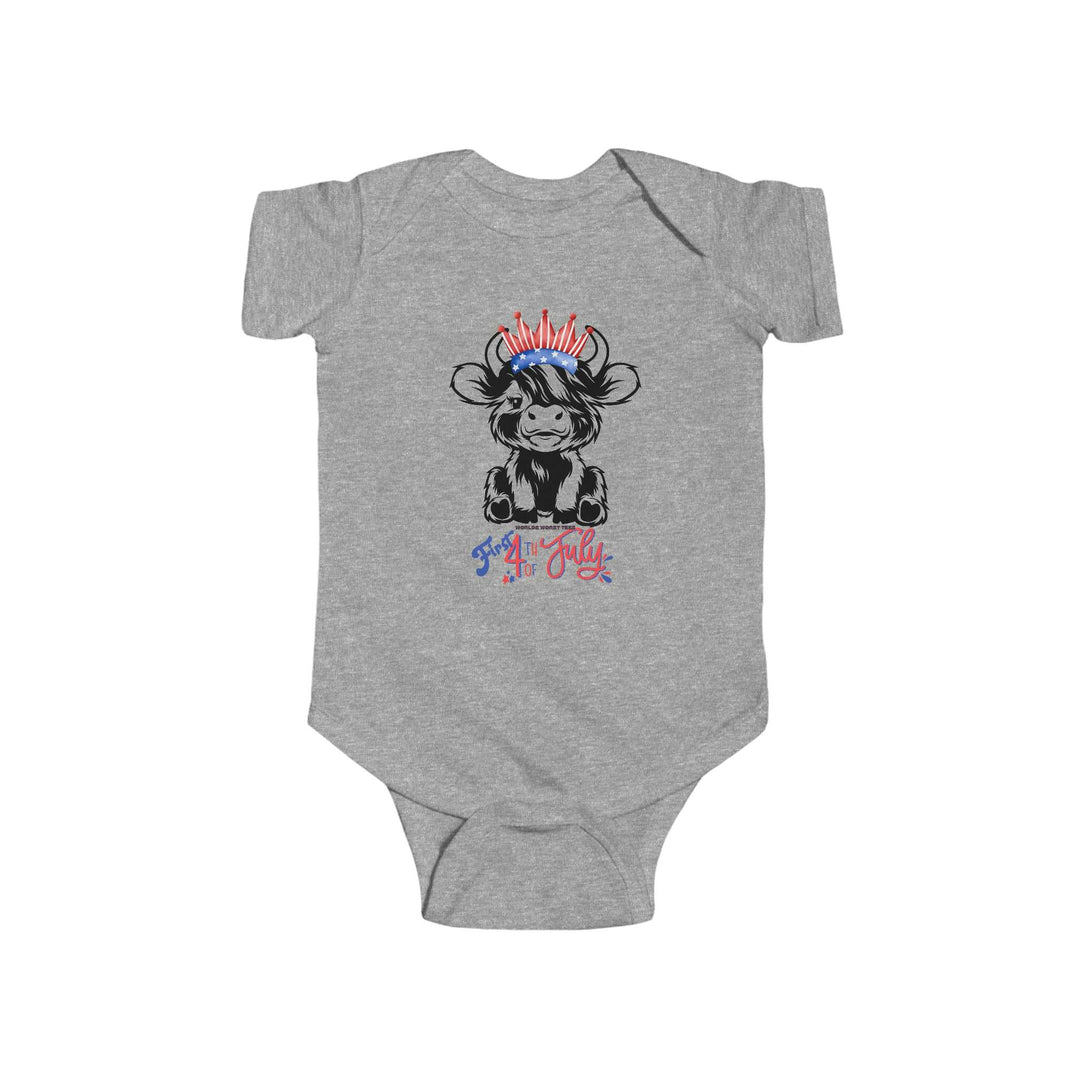 A grey baby bodysuit featuring a cow with a crown, perfect for infants. Made of 100% cotton, with ribbed knitting for durability and plastic snaps for easy changing. Ideal for 4th of July celebrations.