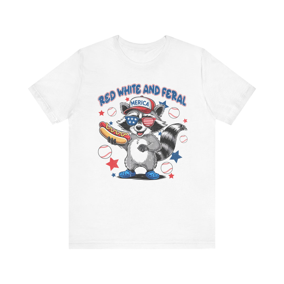 Red White and Feral Baseball 4th Tee, a unisex jersey short sleeve tee with ribbed knit collars and tapered shoulders, offering a comfortable retail fit.