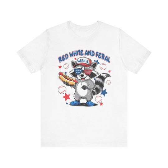 Red White and Feral Baseball 4th Tee, a unisex jersey short sleeve tee with ribbed knit collars and tapered shoulders, offering a comfortable retail fit.