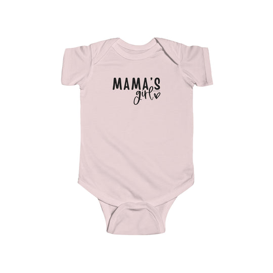 Infant fine jersey bodysuit, Mama's Girl Onesie. 100% cotton fabric, ribbed knitting for durability, plastic snaps for easy changing. Light, tear away label. Dimensions: W 7.32-12.01in, L 11.46-15.51in, Sleeve length 2.52-3.50in.
