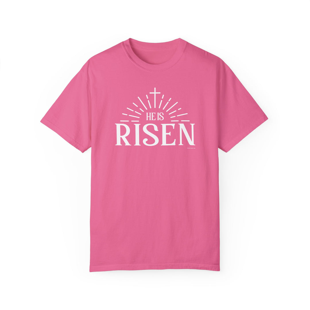 Relaxed fit He is Risen Tee, garment-dyed with ring-spun cotton for coziness. Double-needle stitching, no side-seams for durability and shape retention. Ideal for daily wear.