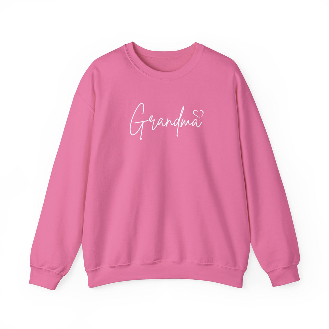A cozy Grandma Love Crew sweatshirt in pink with white text. Unisex heavy blend, ribbed knit collar, no itchy seams. 50% cotton, 50% polyester, loose fit, true to size.