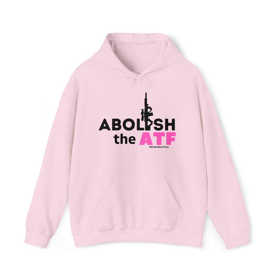 Unisex heavy blend hooded sweatshirt, featuring Abolish the ATF text. Cotton-polyester fabric for softness and warmth. Kangaroo pocket, drawstring hood, tear-away label. Classic fit, true to size. From Worlds Worst Tees.