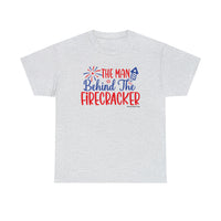 Unisex Man Behind the Firecracker Tee, a wardrobe staple. Seamless, durable design with ribbed collar for elasticity. Medium weight fabric, classic fit, 100% cotton. Sizes S-5XL. From 'Worlds Worst Tees'.