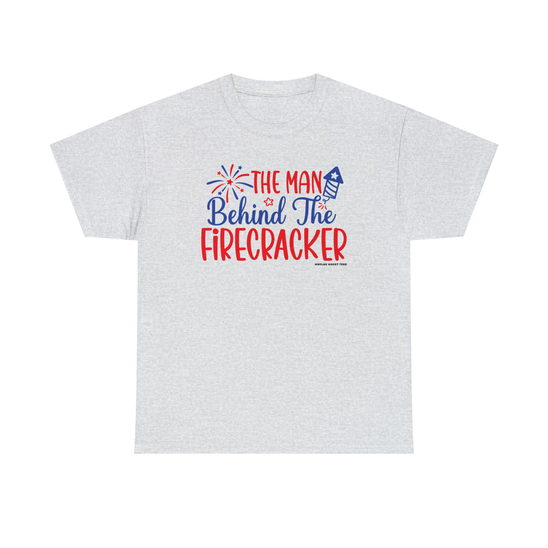 Unisex Man Behind the Firecracker Tee, a wardrobe staple. Seamless, durable design with ribbed collar for elasticity. Medium weight fabric, classic fit, 100% cotton. Sizes S-5XL. From 'Worlds Worst Tees'.