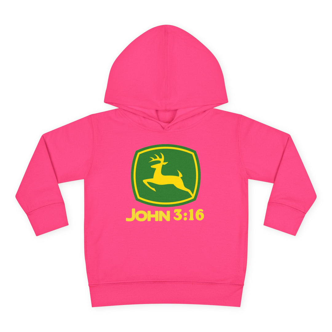 John 3:16 Toddler Hoodie features a bright pink design with a front green-and-yellow shield, leaping deer silhouette, and side-seam pockets for comfort.