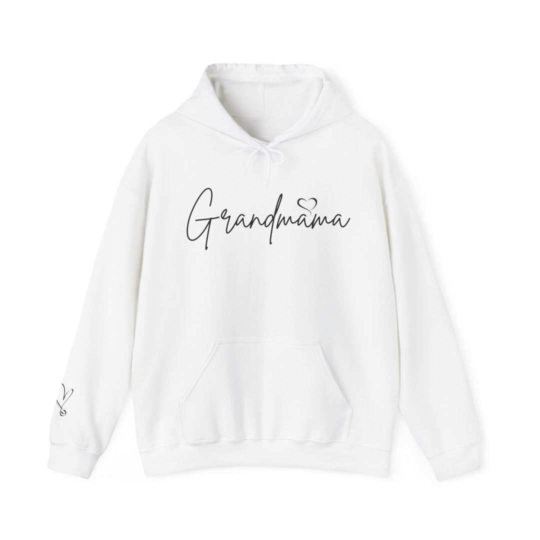 Unisex Grandmama Hoodie: White sweatshirt with black text. Thick cotton-polyester blend, kangaroo pocket, classic fit. Ideal for warmth and comfort. From Worlds Worst Tees.