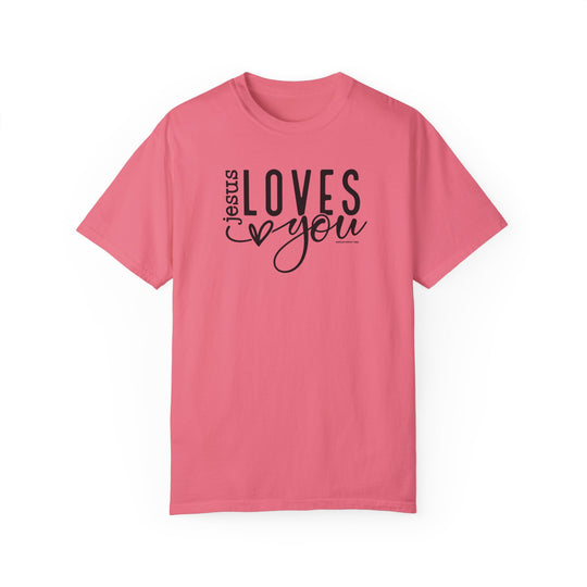 Relaxed fit Jesus Loves You Tee, garment-dyed with ring-spun cotton for coziness. Double-needle stitching ensures durability, while seamless design maintains shape. Ideal for daily wear.