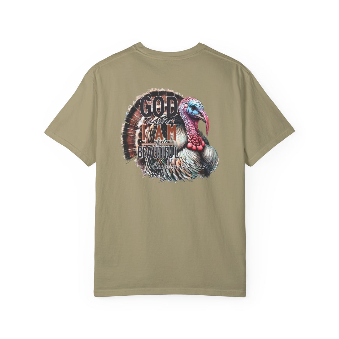 A ring-spun cotton t-shirt featuring a turkey design. Garment-dyed for extra coziness, with a relaxed fit and durable double-needle stitching. From Worlds Worst Tees, the I am Beautiful Tee.