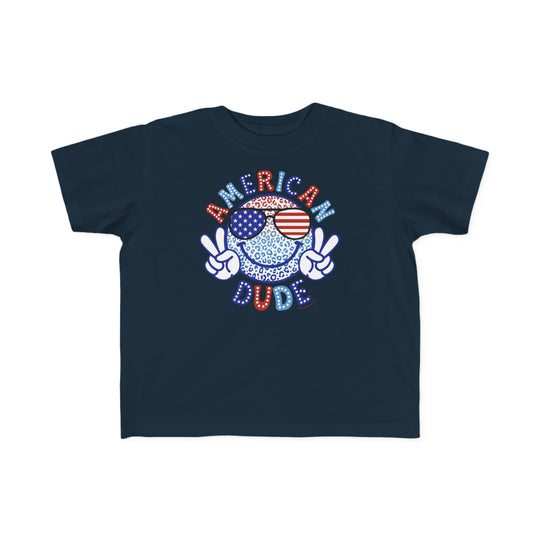 American Dude Toddler Tee featuring a cartoon character face and peace sign. Soft 100% combed ringspun cotton, light fabric, classic fit. Sizes: 2T, 3T, 4T, 5-6T. Ideal for sensitive skin.