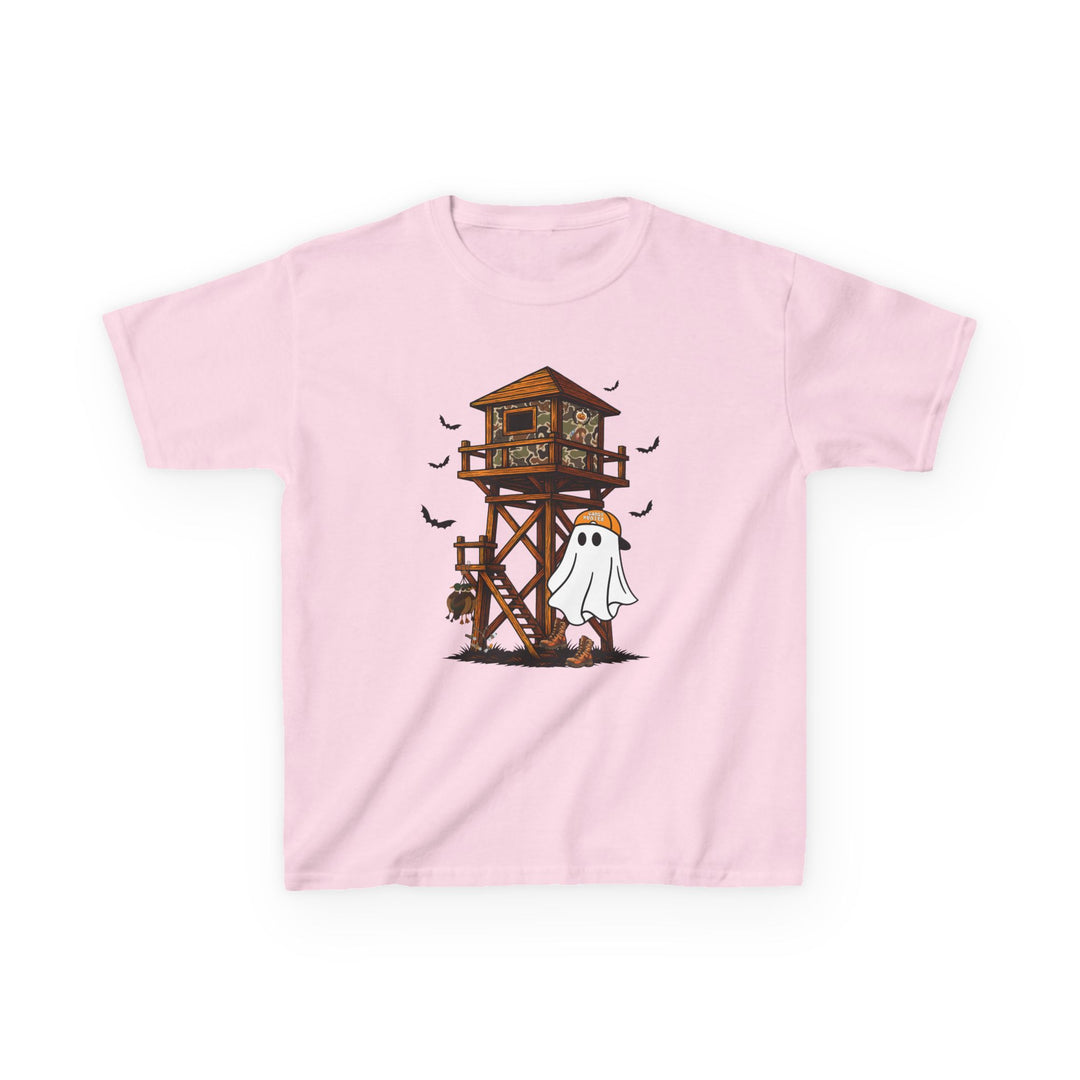 Ghost Hunter Kids Tee features a cartoon ghost with a baseball cap, hunting stand, bats, turkey, and boots, offering a fun Halloween-themed graphic.