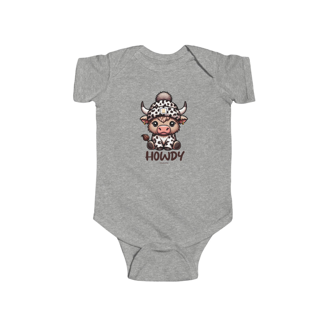 Infant jersey bodysuit featuring a cartoon cow in a hat, ideal for easy changes with plastic snaps. 100% cotton fabric, light and durable, with ribbed bindings for lasting wear. From 'Worlds Worst Tees'.