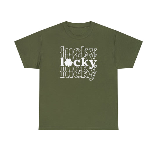 Unisex Lucky Lucky Lucky Tee: Green shirt with white text, ribbed knit collar, no side seams, and medium weight fabric. Classic fit, durable, and versatile staple from Worlds Worst Tees.