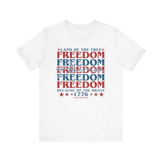 American Freedom Tee: White unisex jersey t-shirt with red and blue text. Soft cotton, ribbed knit collar, and shoulder taping for durability. Retail fit, 100% Airlume combed cotton, 4.2 oz fabric weight.
