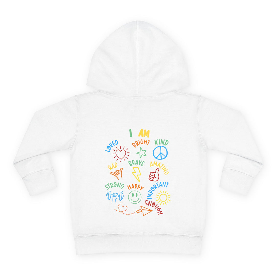 I AM Toddler Hoodie with colorful affirmations and doodles on back, featuring a durable jersey-lined hood and side-seam pockets for comfort.