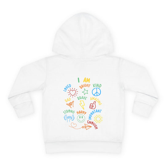 I AM Toddler Hoodie with colorful affirmations and doodles on back, featuring a durable jersey-lined hood and side-seam pockets for comfort.