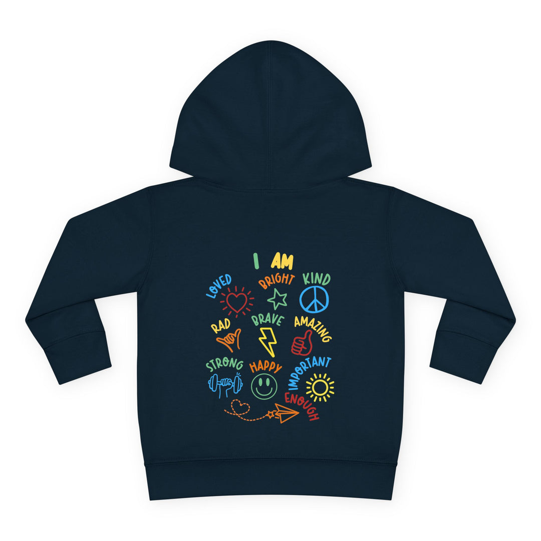 I AM Toddler Hoodie featuring colorful affirmations and doodles, designed for comfort with a durable hood and side-seam pockets, perfect for boosting self-esteem.