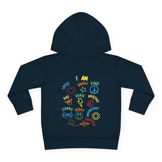 I AM Toddler Hoodie featuring colorful affirmations and doodles, designed for comfort with a durable hood and side-seam pockets, perfect for boosting self-esteem.