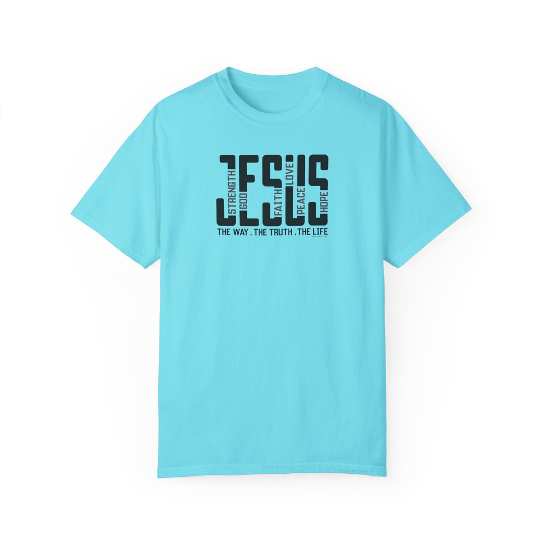 Relaxed fit Jesus Tee in blue with black text. 100% ring-spun cotton, garment-dyed for coziness. Double-needle stitching for durability, tubular shape retention. Ideal for daily wear.