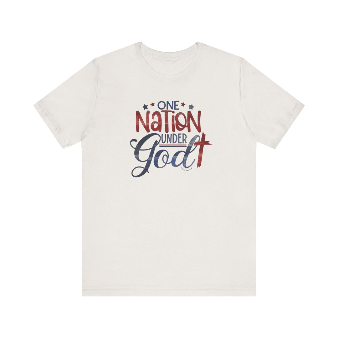 Unisex white tee with red and blue One Nation Under God text. 100% cotton, ribbed knit collar, tear away label. Retail fit, runs true to size. Classic and comfortable.