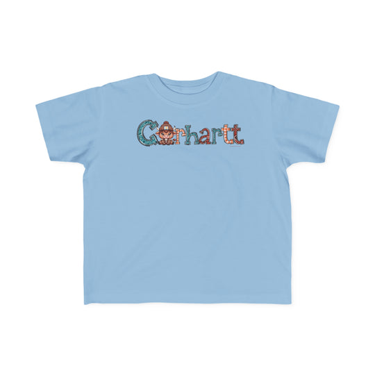 A durable Cowhartt Toddler Tee, featuring a cartoon cow and letters, perfect for sensitive skin. 100% combed ringspun cotton, light fabric, tear-away label, classic fit. Sizes: 2T, 3T, 4T, 5-6T.