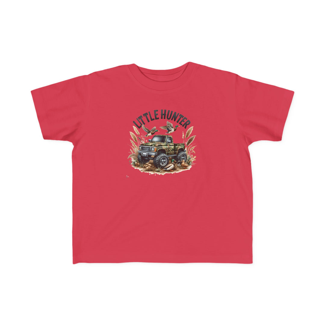Little Hunter Toddler Tee featuring a red shirt with a truck and birds print, perfect for sensitive skin. 100% combed ringspun cotton, light fabric, tear-away label, true to size.