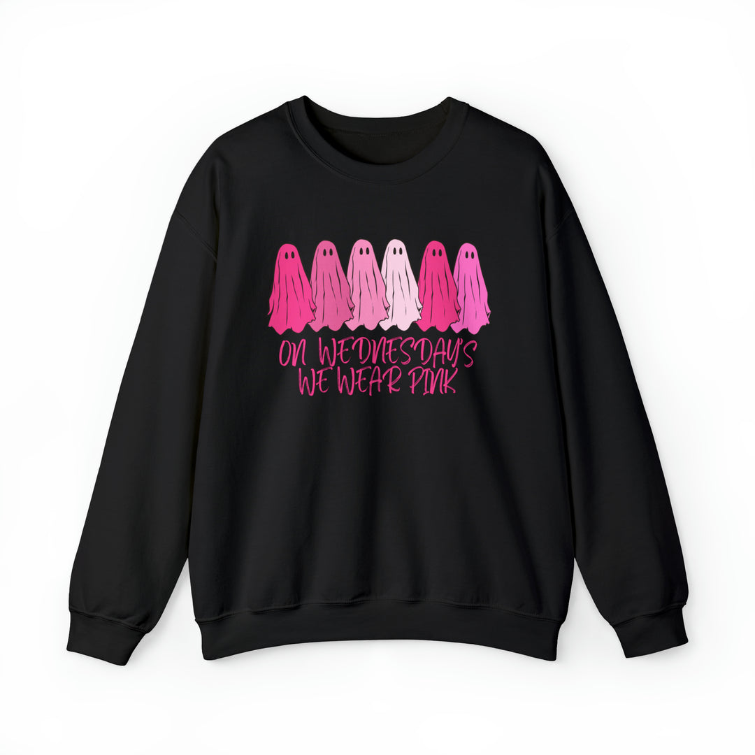 Unisex heavy blend crewneck sweatshirt featuring a black design with pink and white ghosts. Comfortable fit, ribbed knit collar, and durable polyester-cotton fabric blend. Ideal for casual wear. From 'Worlds Worst Tees'.
