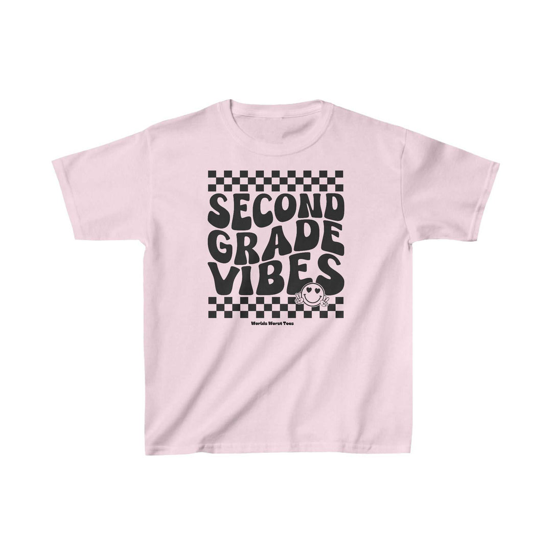 Kids 2nd Grade Vibes Tee, white cotton shirt with black text. 100% cotton, light fabric, classic fit, tear-away label. Ideal for daily wear, durable twill tape shoulders, seamless sides.