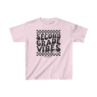 Kids 2nd Grade Vibes Tee, white cotton shirt with black text. 100% cotton, light fabric, classic fit, tear-away label. Ideal for daily wear, durable twill tape shoulders, seamless sides.