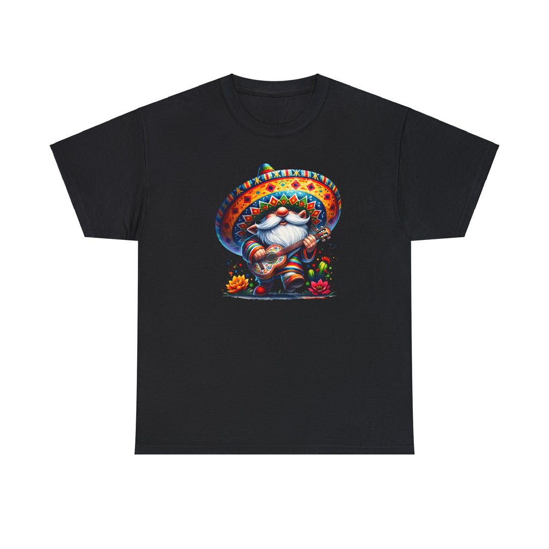 Mexican Gnome Tee: Unisex black t-shirt featuring a gnome playing a guitar. Medium 5.3 oz cotton, classic fit, tear-away label, ethically sourced US cotton. No side seams for comfort.