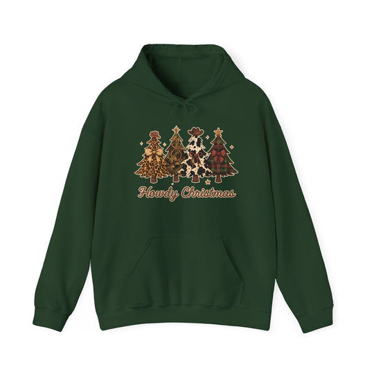 Howdy Christmas Hoodie with festive graphic of stylized Christmas trees in varied patterns and cowboy hats, featuring a kangaroo pocket and matching drawstring hood.