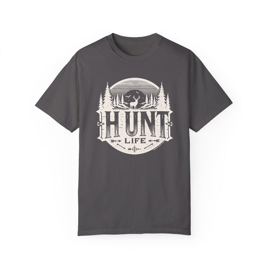 Hunt Life Tee: A grey t-shirt featuring a white logo of a deer and trees. 100% ring-spun cotton, medium weight, relaxed fit with double-needle stitching for durability and seamless design.