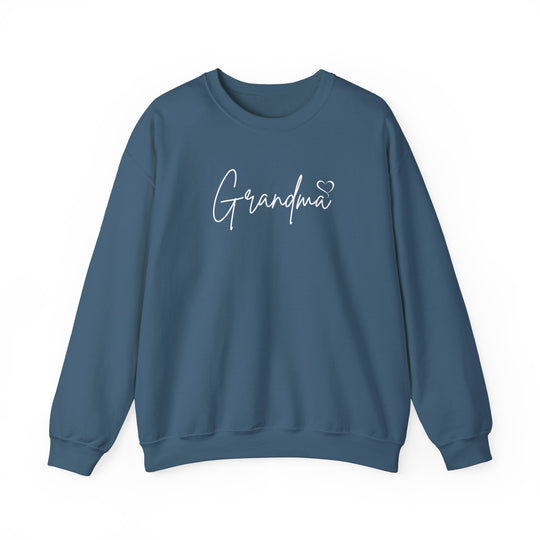 A Grandma Love Crew unisex heavy blend crewneck sweatshirt in blue with white text. Features ribbed knit collar, no itchy side seams, 50% cotton, 50% polyester, loose fit, medium-heavy fabric.