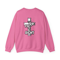 A pink sweatshirt with a cross design, ideal for comfort in any situation. Unisex heavy blend crewneck with ribbed knit collar, no itchy side seams. Walk By Faith Not By Sight Crew.