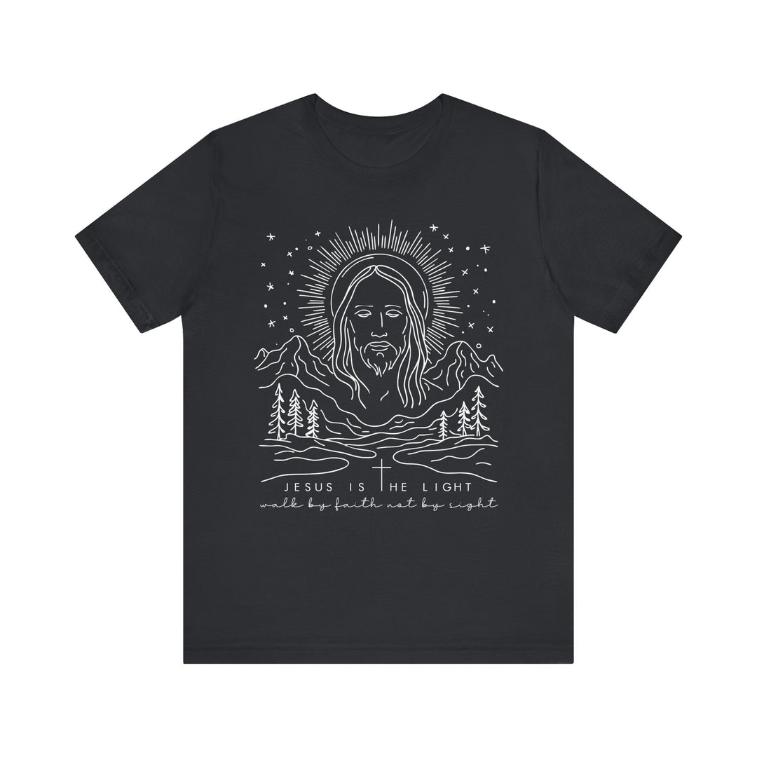 The Jesus is the Light Tee is a classic unisex jersey short sleeve shirt with ribbed knit collars and tapered shoulders, offering a comfortable and stylish fit.