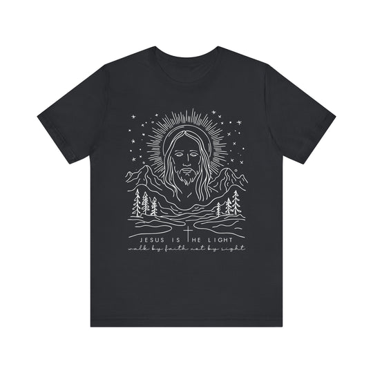 The Jesus is the Light Tee is a classic unisex jersey short sleeve shirt with ribbed knit collars and tapered shoulders, offering a comfortable and stylish fit.